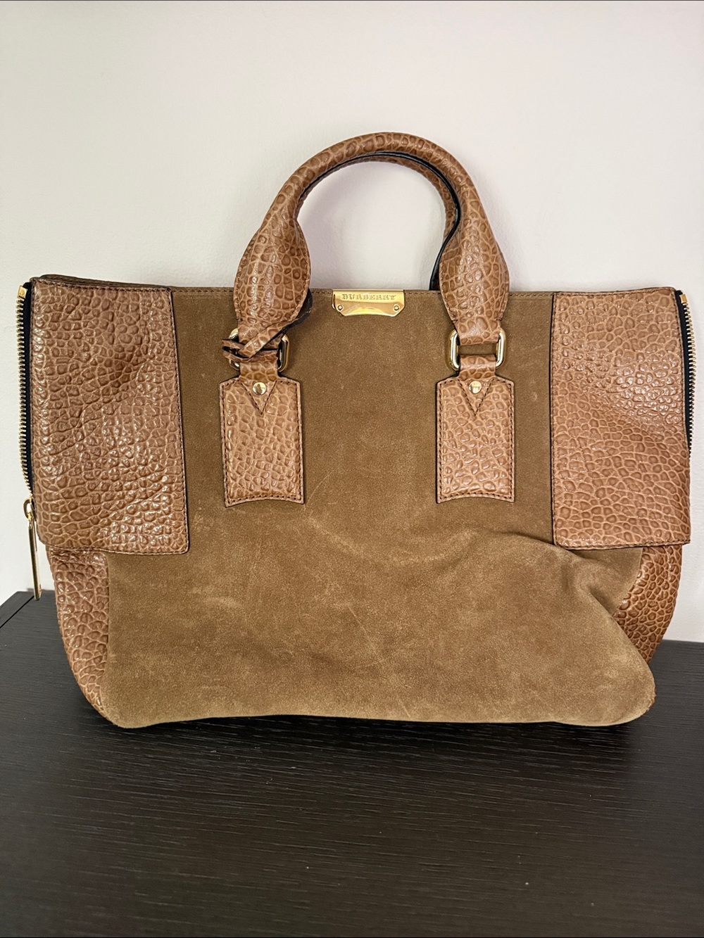 Burberry Brown Suede & Croc-Trim Satchel with Gold Hardware